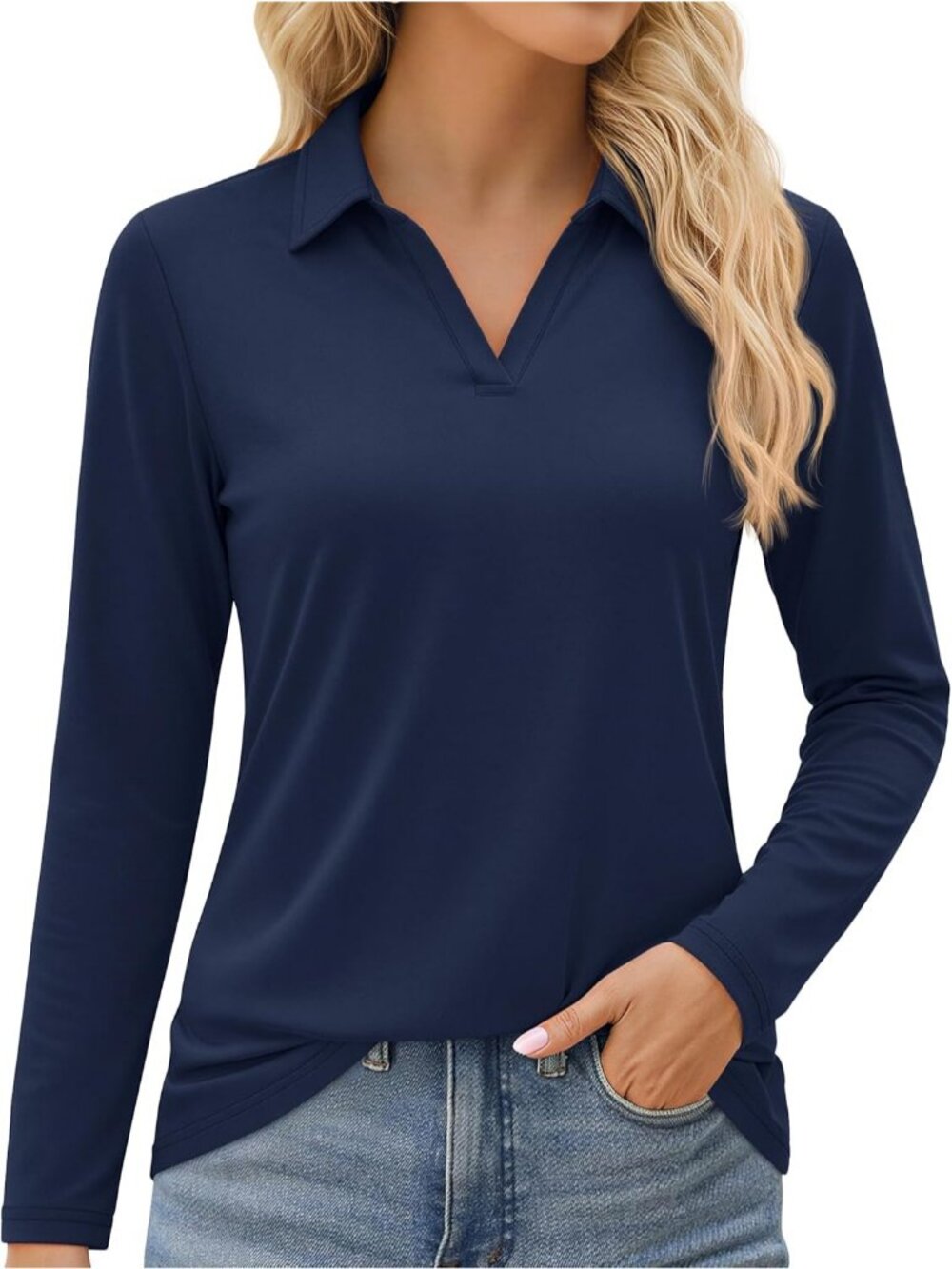 Women's Navy Blue V Neck UPF 50+ Long Sleeve Polo Shirt Quick Dry Workout Tops